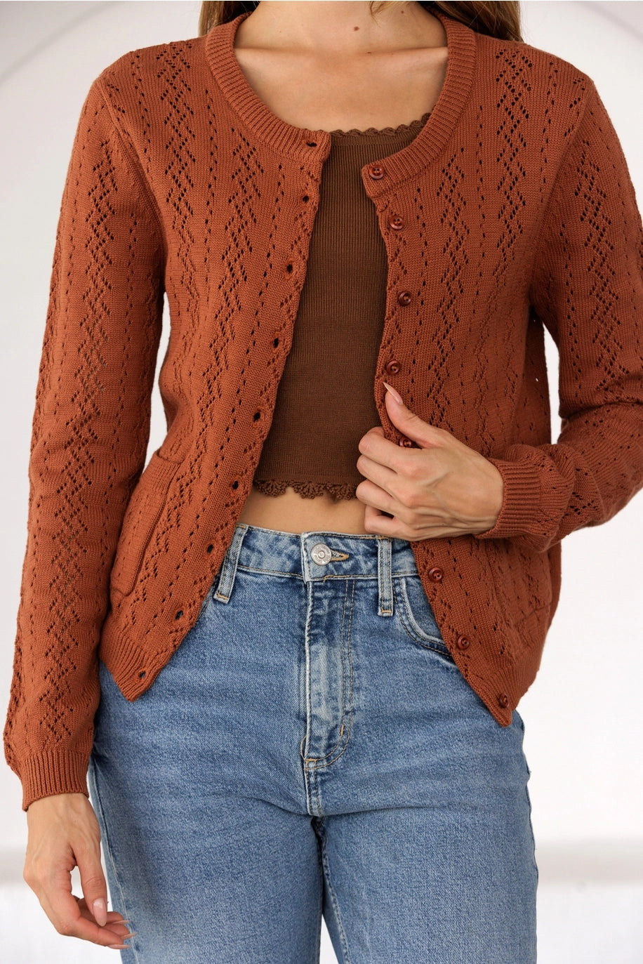 Pointelle Knit Button-Up Cardigan