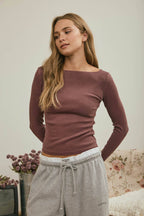 Boat Neck Long Sleeve Ribbed Knit Top