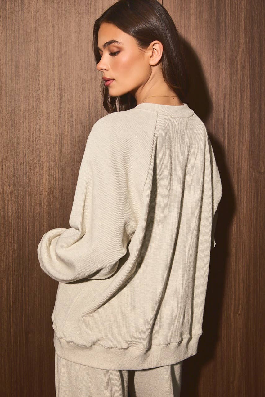 Waffle Knit Henley Oversized Sweatshirt Pullover