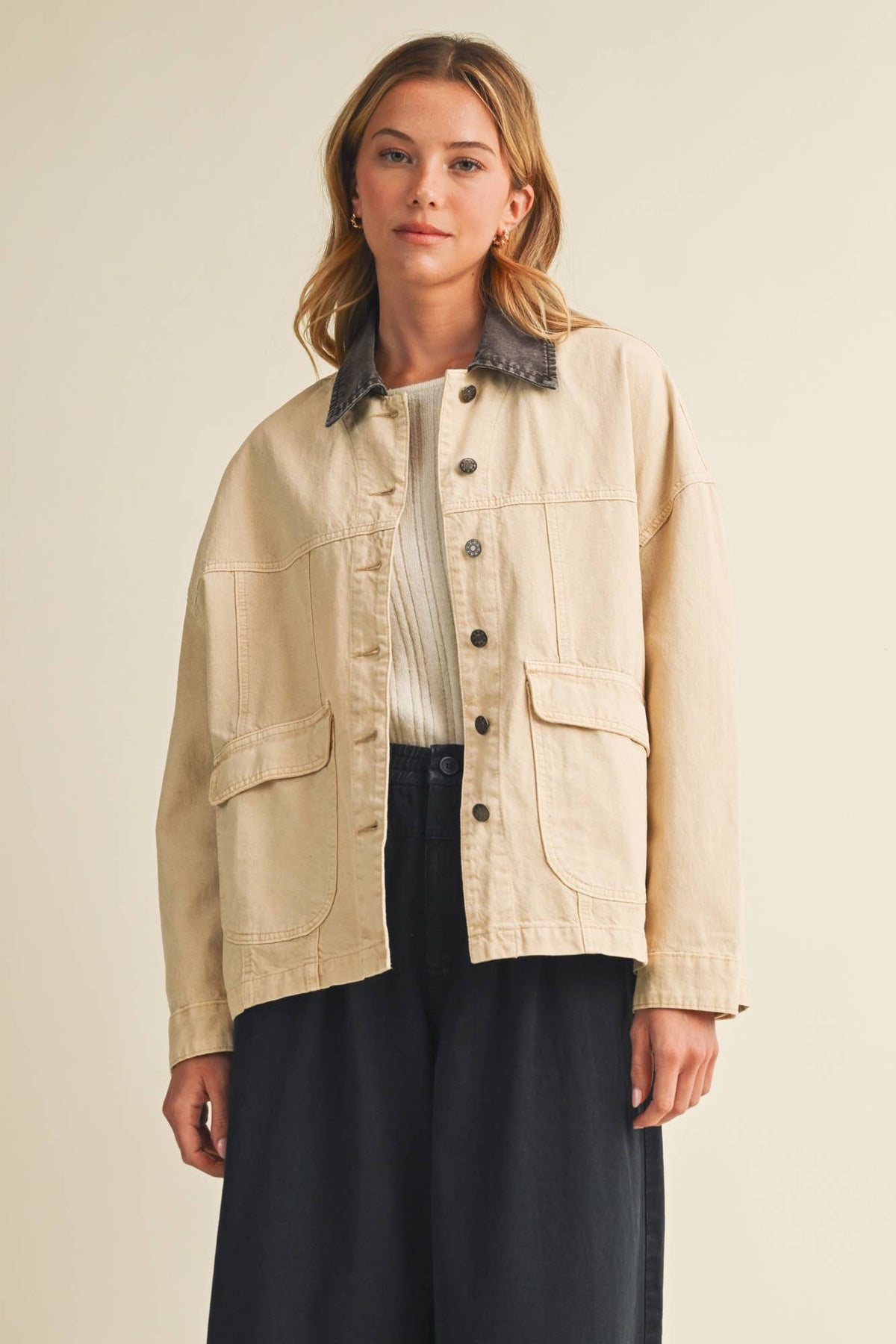 Washed Denim Contrast Collar Jacket