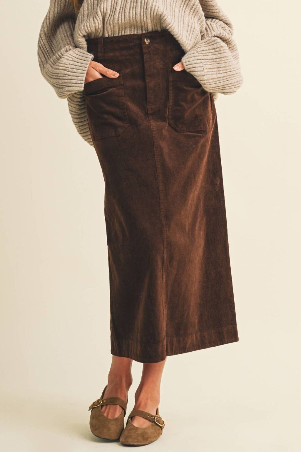 Wale Corduroy Patch Pocket Midi Skirt