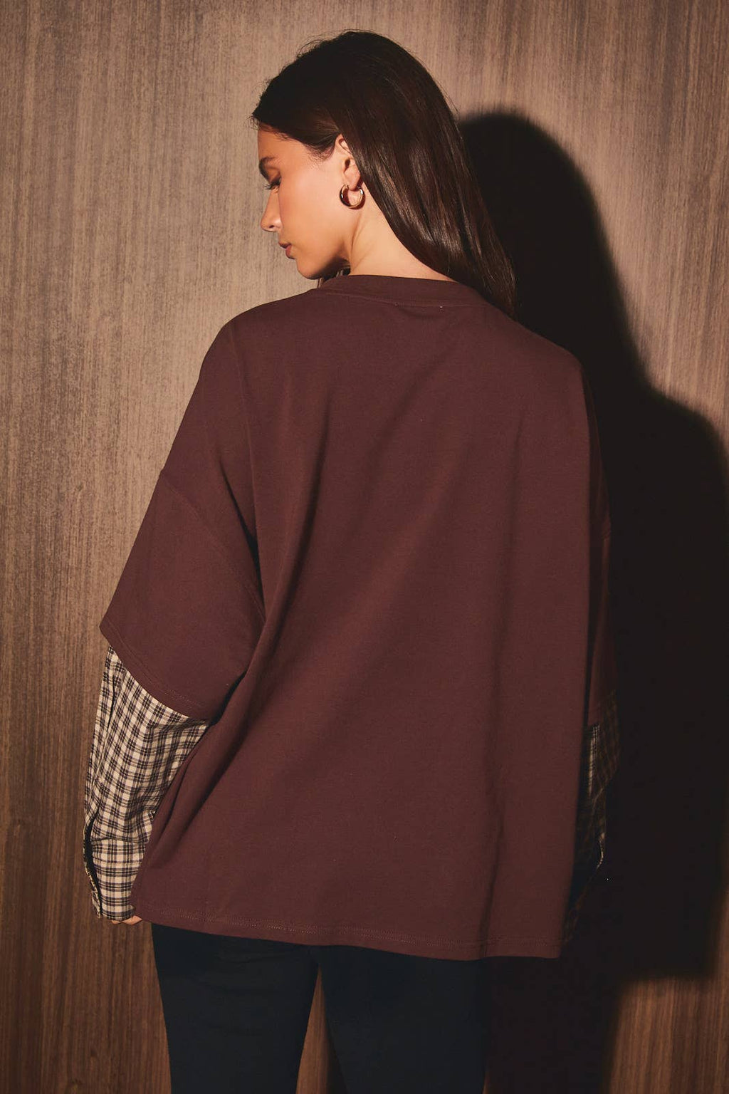 Contrast Plaid Layered Sleeve Mock Neck Top