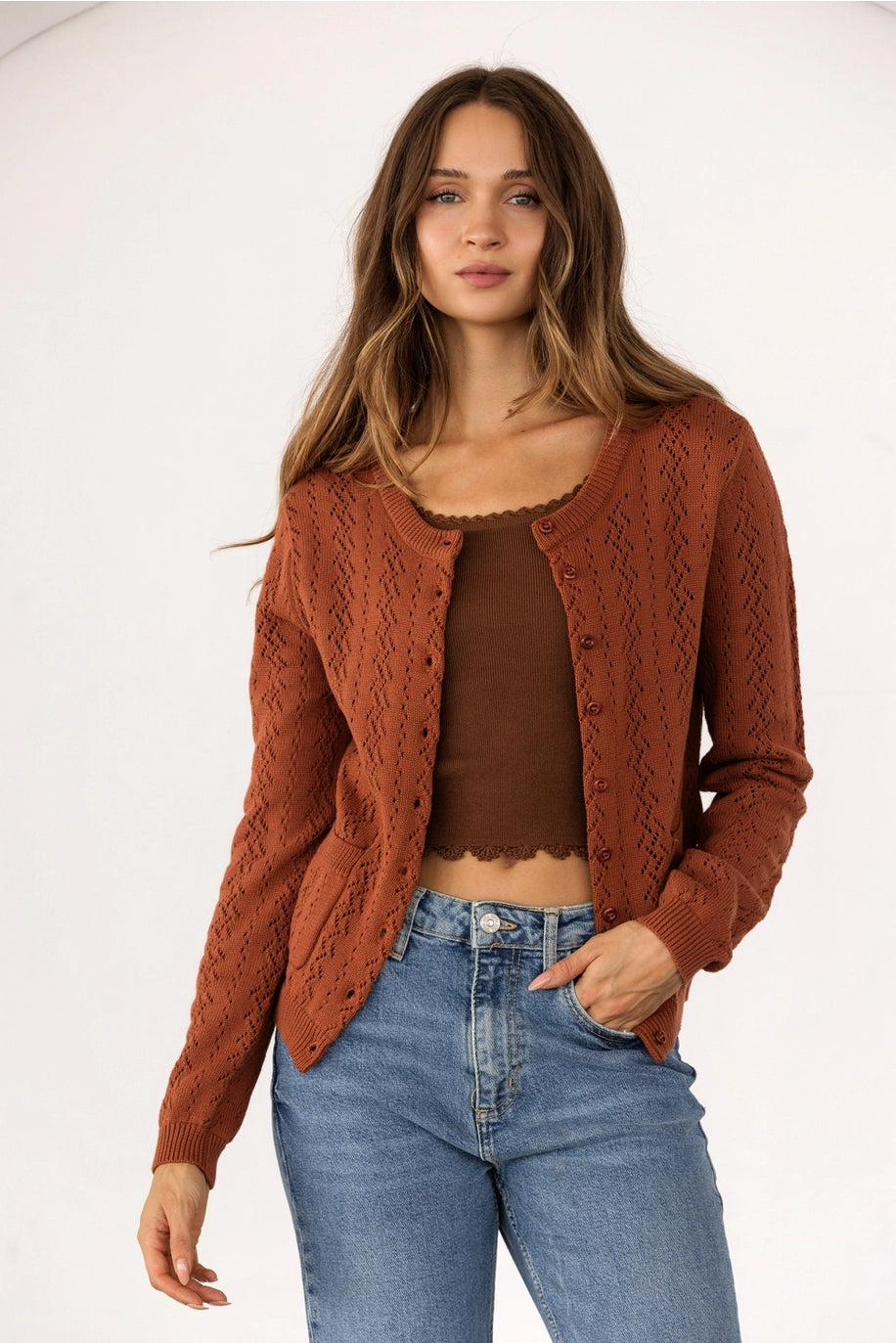 Pointelle Knit Button-Up Cardigan