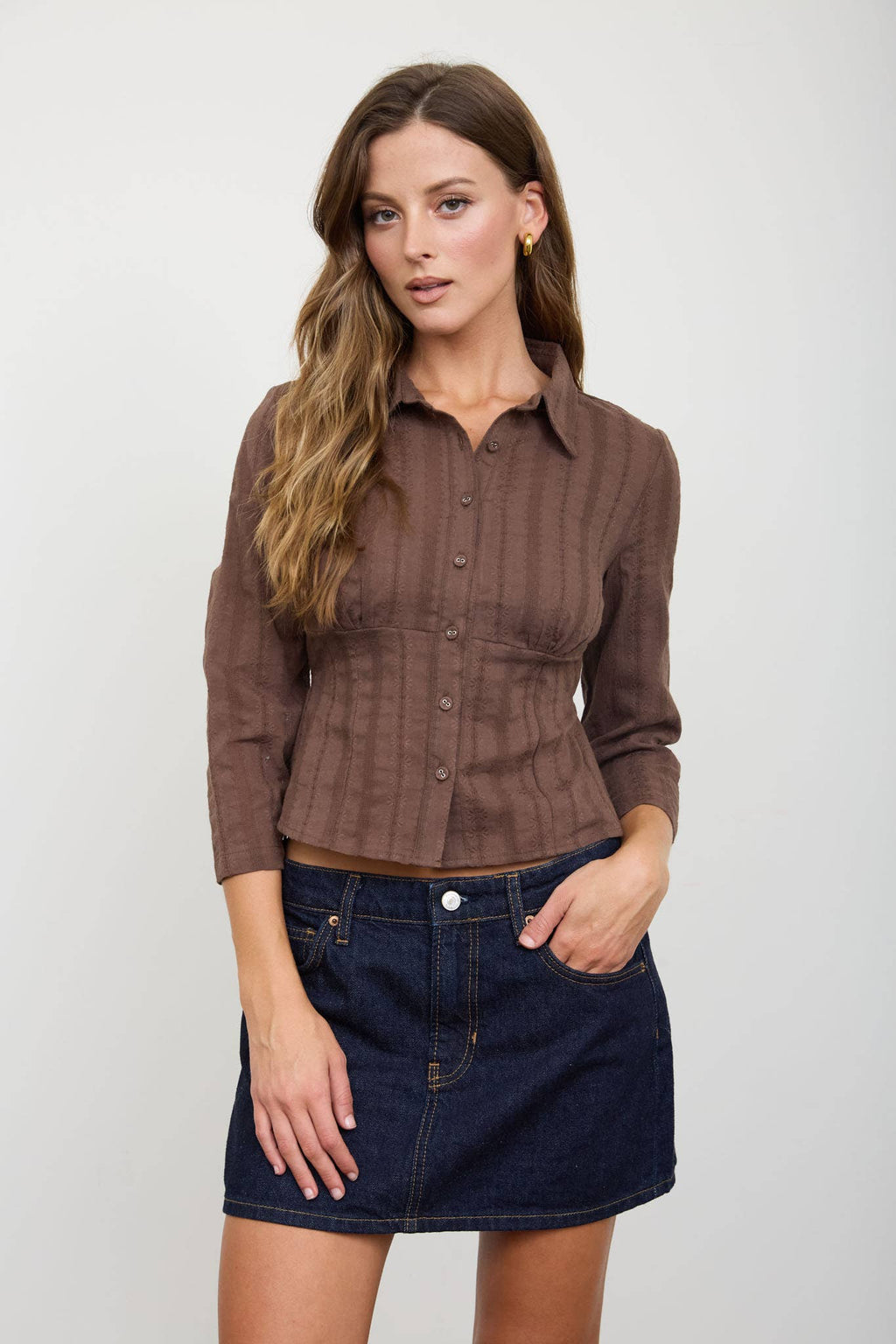Stripe Collared Long Sleeve Empire Waist Top