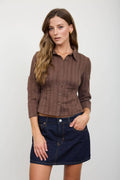 Stripe Collared Long Sleeve Empire Waist Top