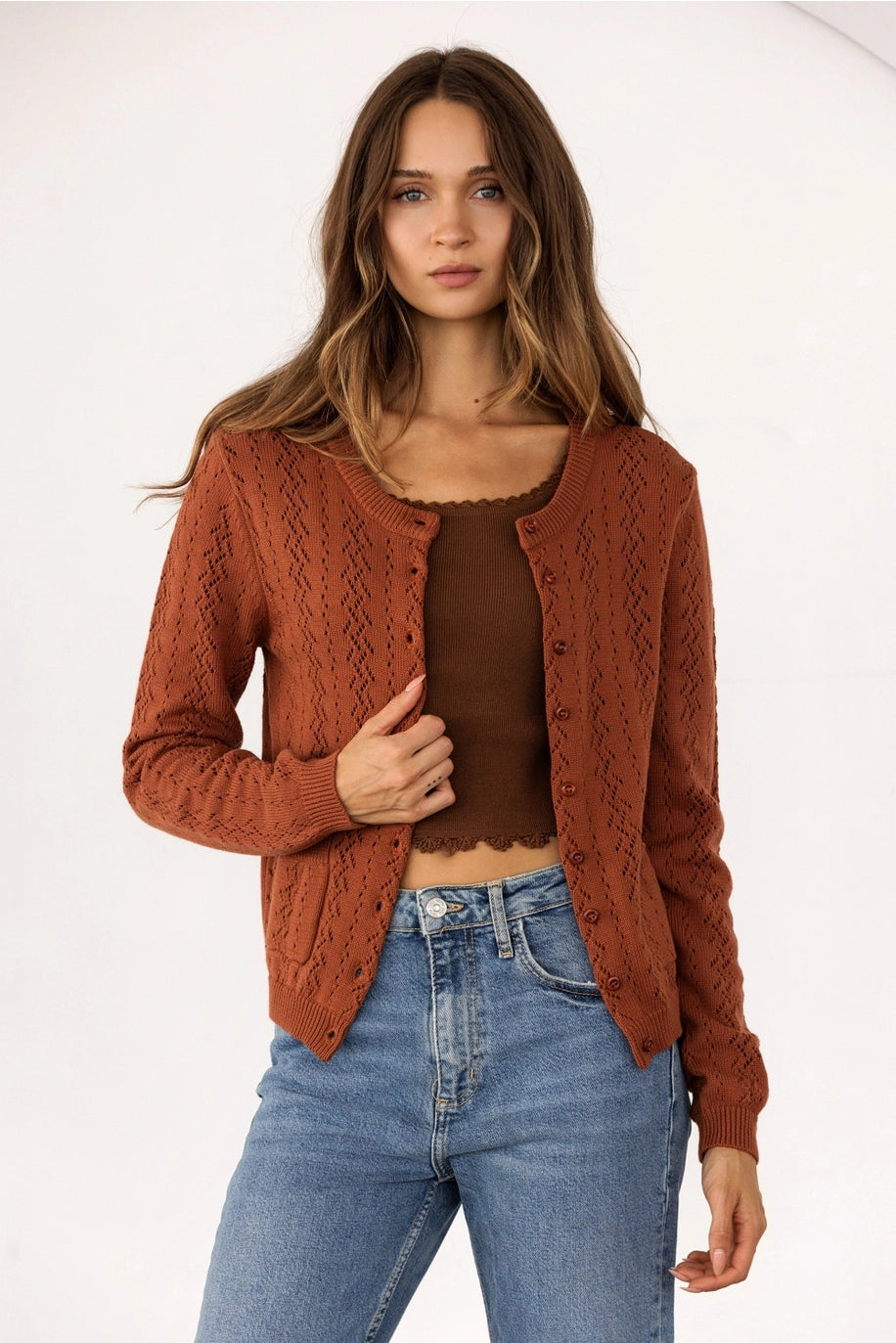 Pointelle Knit Button-Up Cardigan