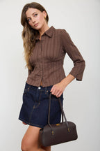 Stripe Collared Long Sleeve Empire Waist Top