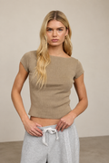 Washed Boat Neck Short Sleeve Ribbed Knit Top