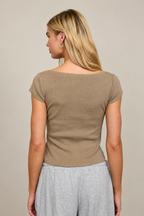Washed Boat Neck Short Sleeve Ribbed Knit Top