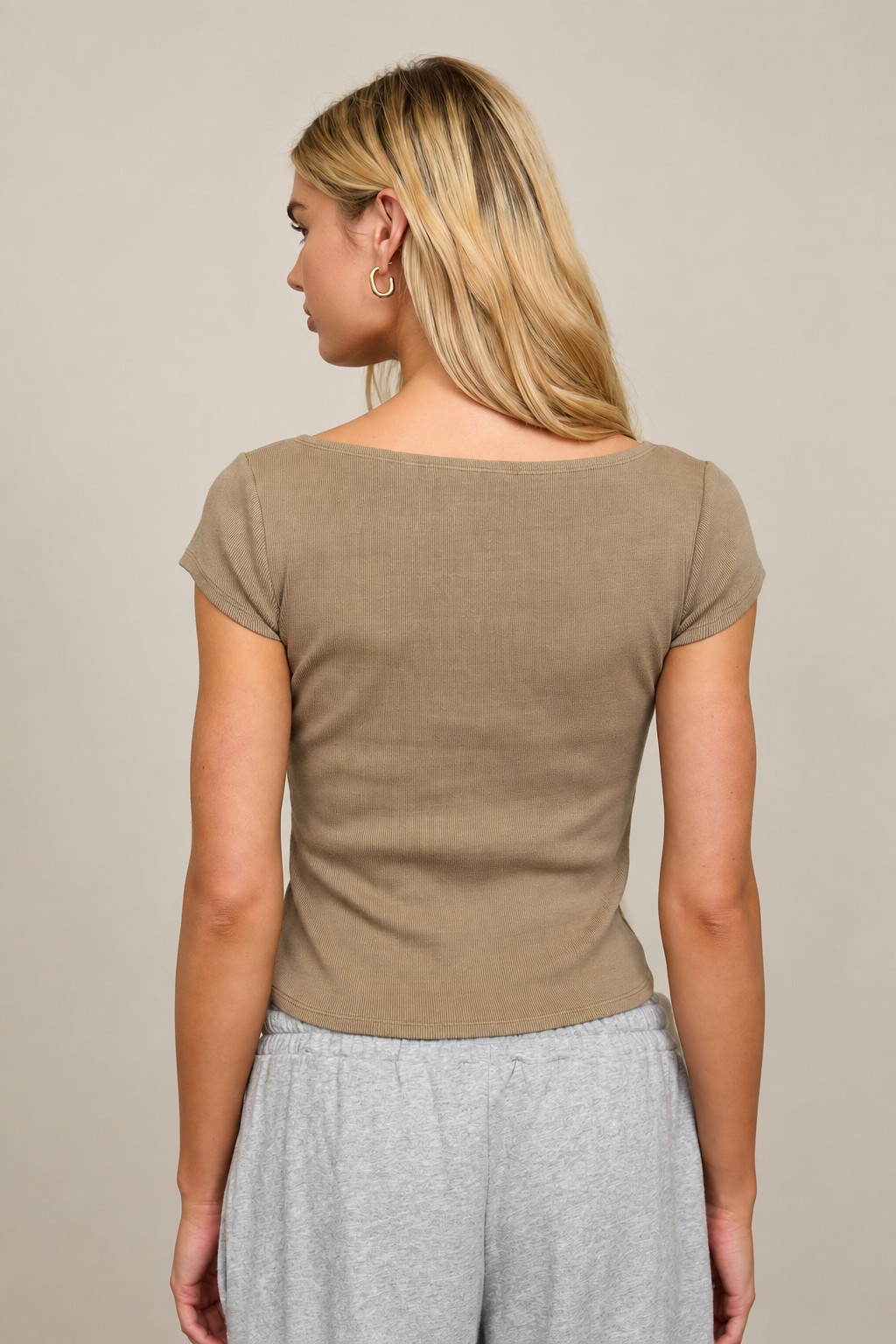 Washed Boat Neck Short Sleeve Ribbed Knit Top