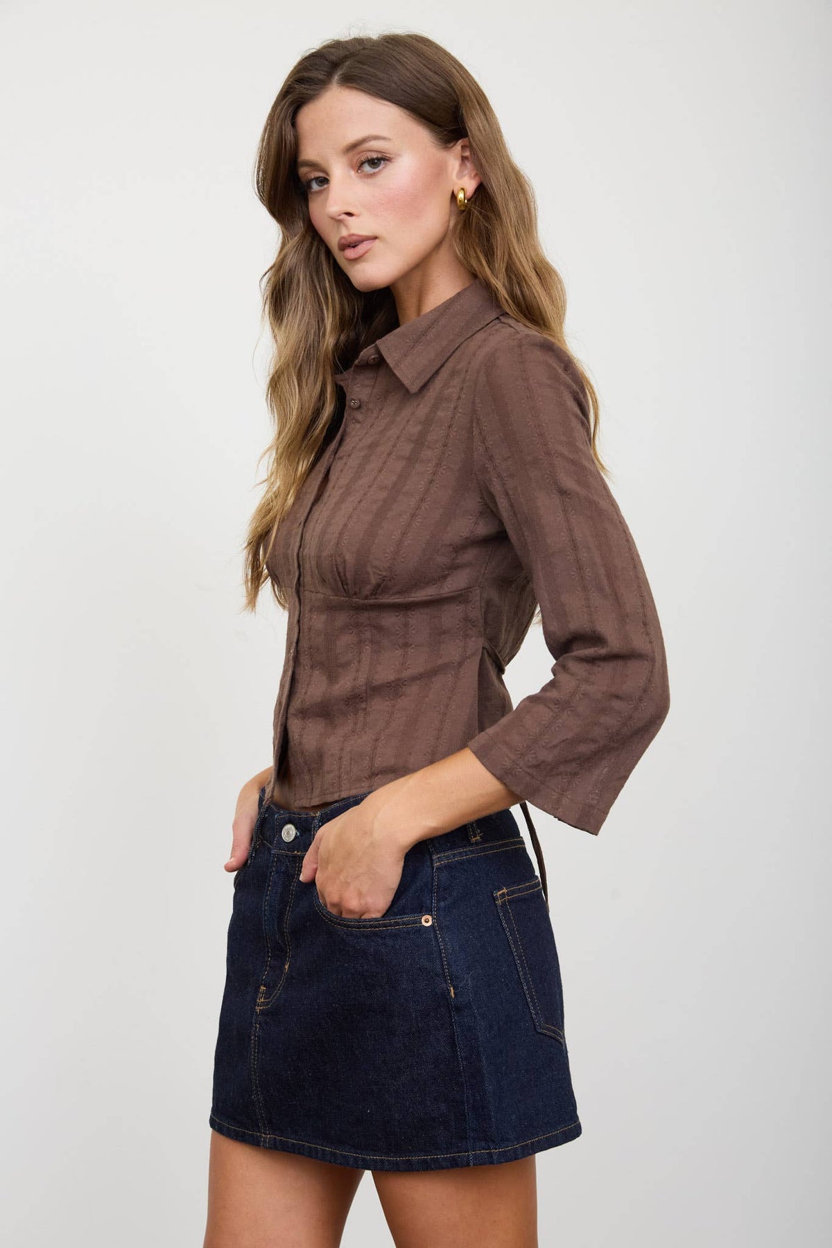 Stripe Collared Long Sleeve Empire Waist Top