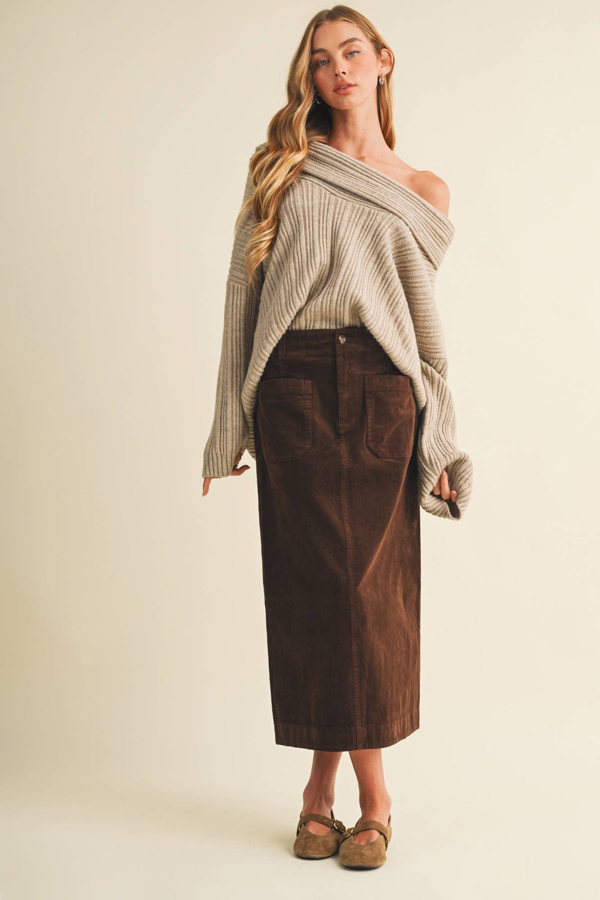 Wale Corduroy Patch Pocket Midi Skirt