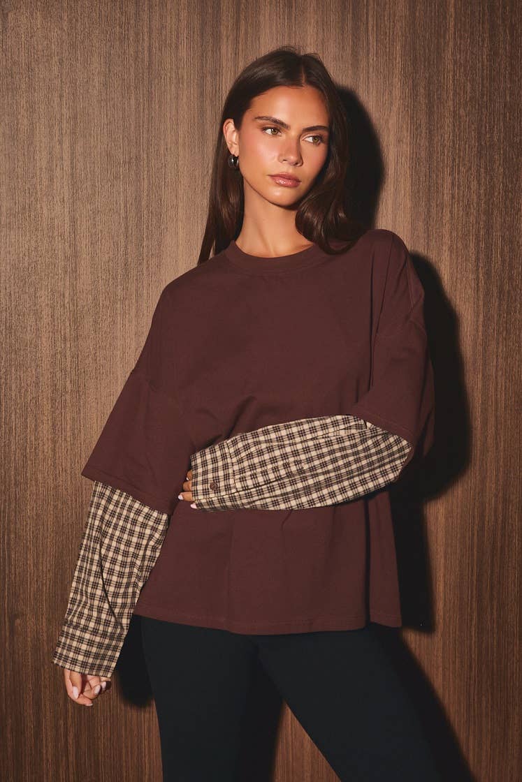Contrast Plaid Layered Sleeve Mock Neck Top