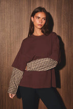 Contrast Plaid Layered Sleeve Mock Neck Top